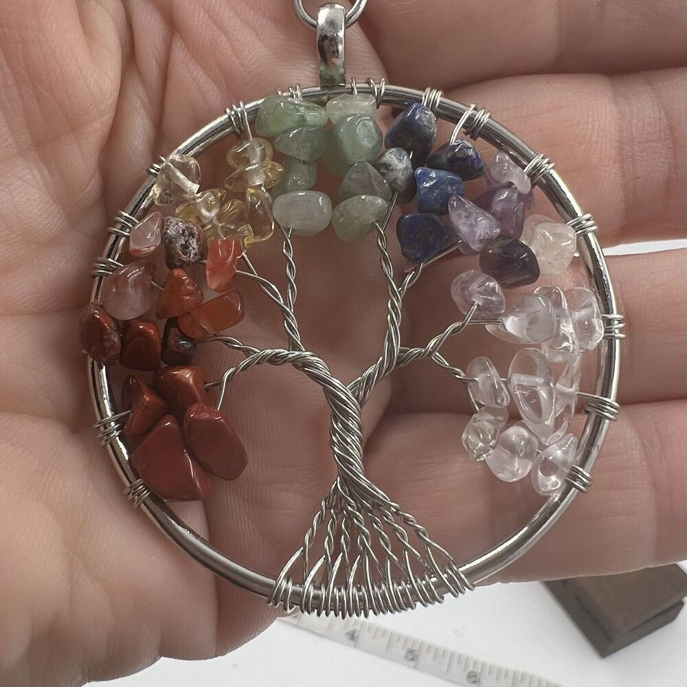 Natural Gemstone Tree Of Life Necklace Leather Chakra Healing Wire Wrap Handmade